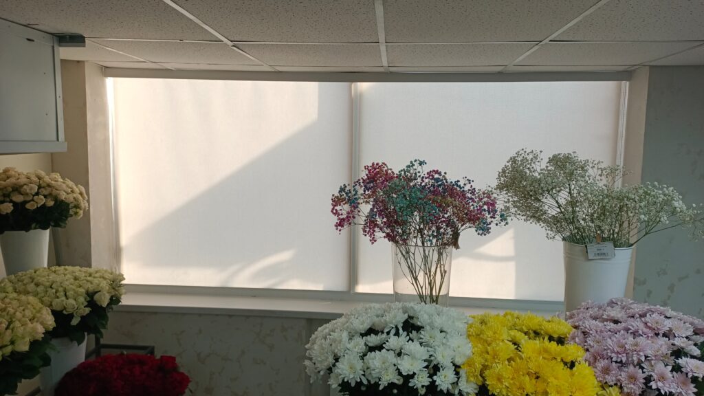 Установка рулонных жалюзи (штор) для цветочного магазина в Краснодаре